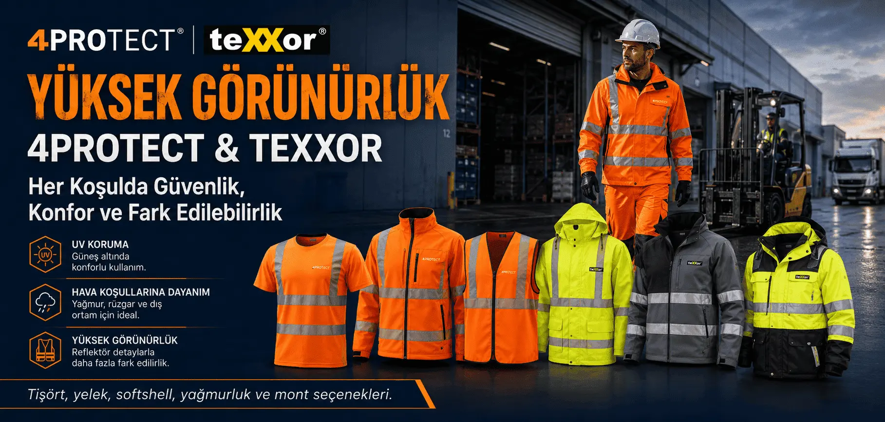 Dış ortam ve zorlu hava koşullarına dayanıklı reflektörlü turuncu ve sarı 4Protect Texxor iş elbiseleri