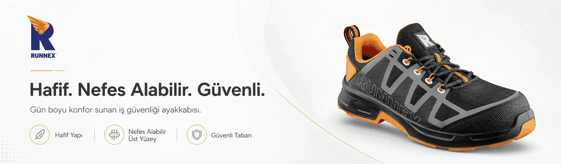 Runnex hafif yapılı ve nefes alabilir üst yüzeye sahip siyah turuncu iş güvenliği ayakkabısı