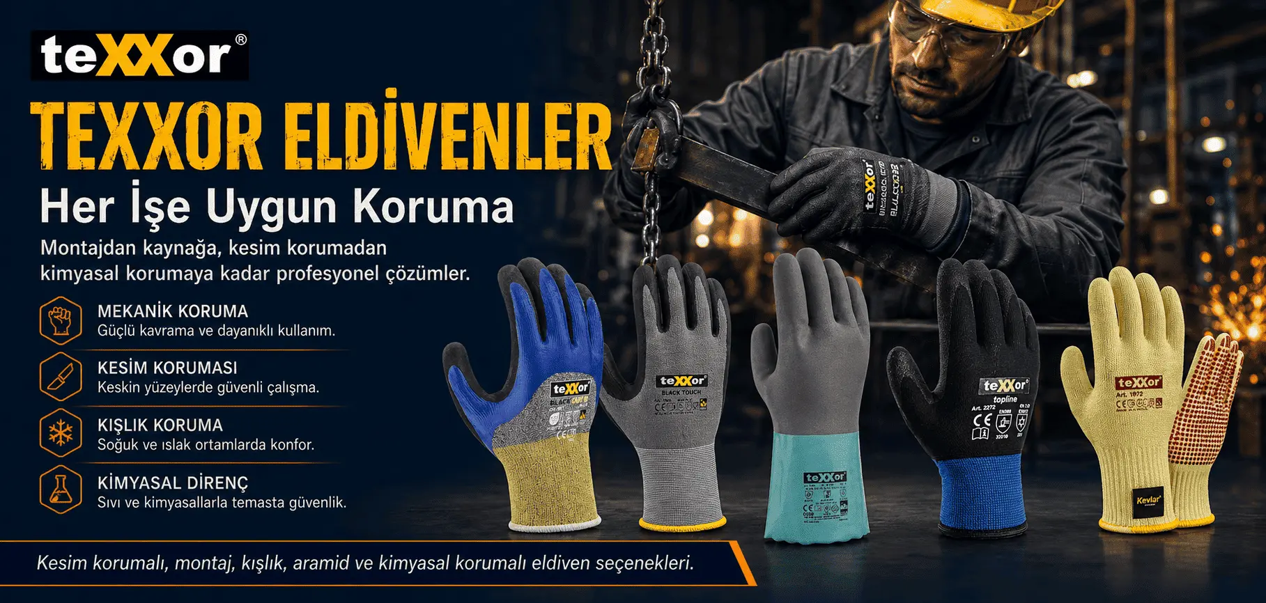 Texxor markasına ait montaj, kaynak, aramid ve kimyasal korumalı profesyonel iş eldiveni modelleri