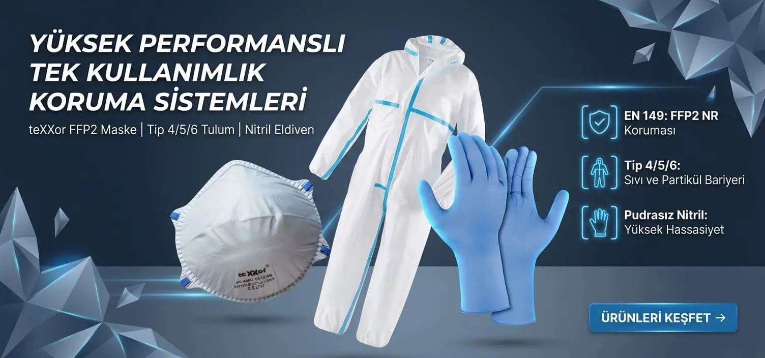 Koyu lacivert ve fütüristik arka plan üzerinde sergilenen iş güvenliği ekipmanları: Merkezde mavi dikiş bantlı beyaz Tip 4/5/6 koruyucu tulum, ön sol tarafta teXXor marka beyaz FFP2 maske ve sağ tarafta mavi nitril eldivenler. Görselde Yüksek Performanslı Tek Kullanımlık Koruma Sistemleri başlığı, ürünlerin filtrasyon, sızdırmazlık ve hassasiyet özelliklerini vurgulayan ikonlu maddeler ve sağ altta Ürünleri Keşfet butonu yer almaktadır.